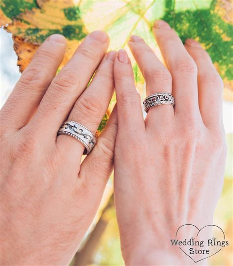 Couple Vintage Style Garnets Wedding Rings For Him And Hers Etsy