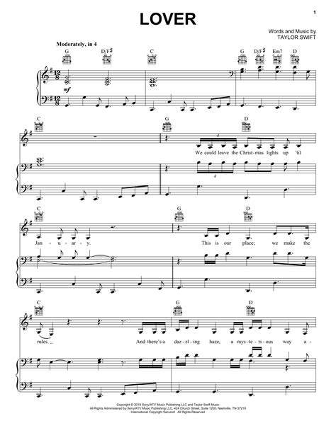 Taylor Swift Lover Sheet Music For Piano Vocal And Guitar Download