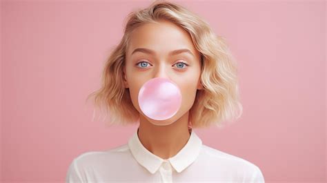 Premium Photo Blonde Woman With Playful Expression Blowing A Pink Bubblegum Against A Pastel Pink