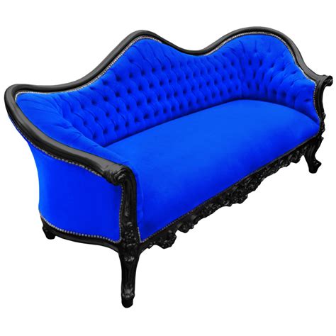 Barocksofa im Napoléon III Stil blauer Samt und schwarz lackiertes Holz