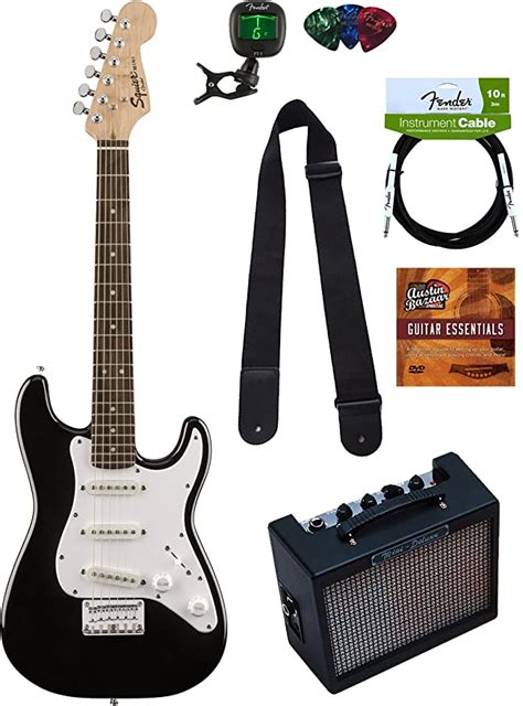 Squier By Fender Mini Strat Electric Guitar Black Bundle With Amplifier Instrument Cable