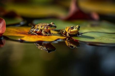 Dos Ranas Se Sientan En Una Hoja En Un Estanque Una De Las Cuales Es