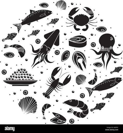 Seafood Icons Set In Round Shape Black Silhouette Sea Food Collection