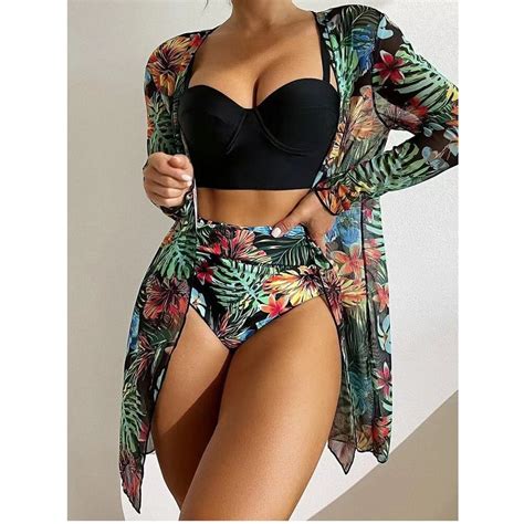 Tejiojio Women With Chest Pad With Steel Bra Print Deep V Swimming Trunks Split Swimsuit Bikini