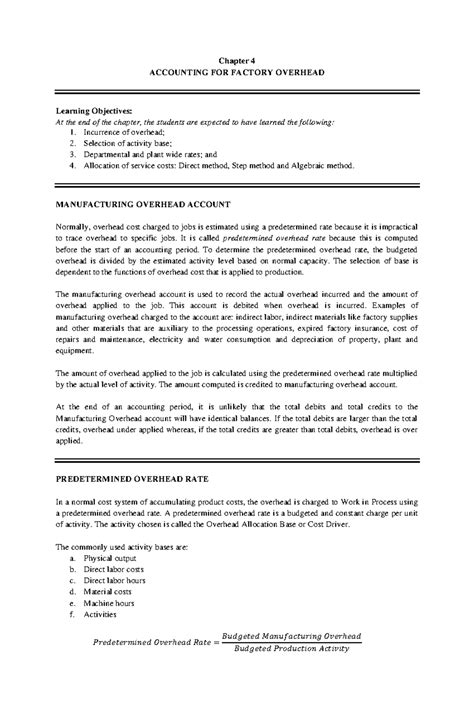 CAC C5M1 Chapter 4: Accounting for Factory Overhead Insights - Studocu