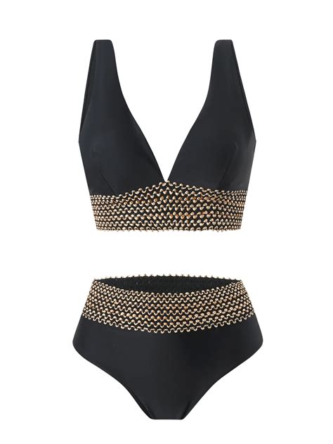 Women S High Waisted Bikini Sets Deep V Neck Push Up Two Piece Swimsuits Color Block