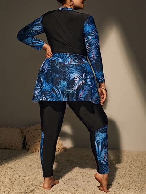 Plus Tropical Print Zip Front Full Body Bikini Swimsuit SHEIN UK