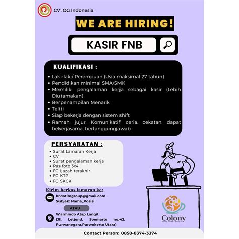 Lowongan Kerja Kasir Fnb Cv Og Indonesia Purwokerto Loker Purwokerto