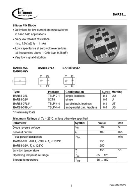 BAR88 07L4 Infineon Technologies AG Diode Hoja de datos Ficha técnica