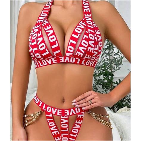 Generic Letter Printing Love Ribbon Sexy Cutout Heavy Industry Metal Chain Sexy Lingerie Suit