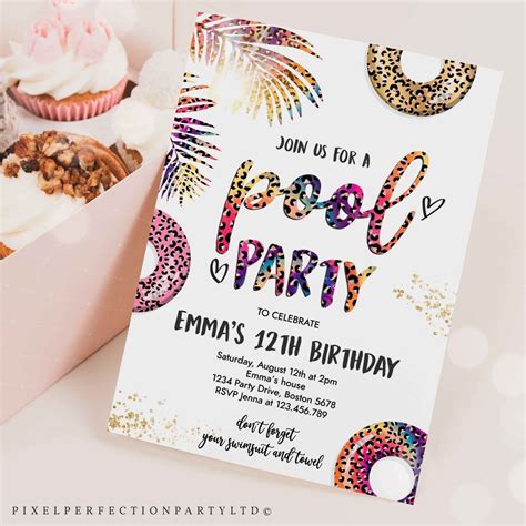 Editable Pool Party Invitation Girly Leopard Print Tie Dye Pool Party