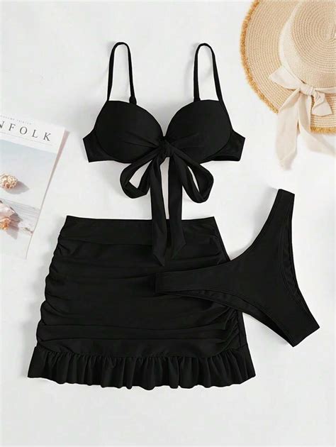 Holiday Style Strappy Bow Ruffle Halter Bikini Half Skirt Piece Beach Swimsuit Set Shein Usa