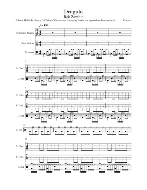 Rob Zombie Dragula Sheet Music For Guitar Bass Guitar Drum Group