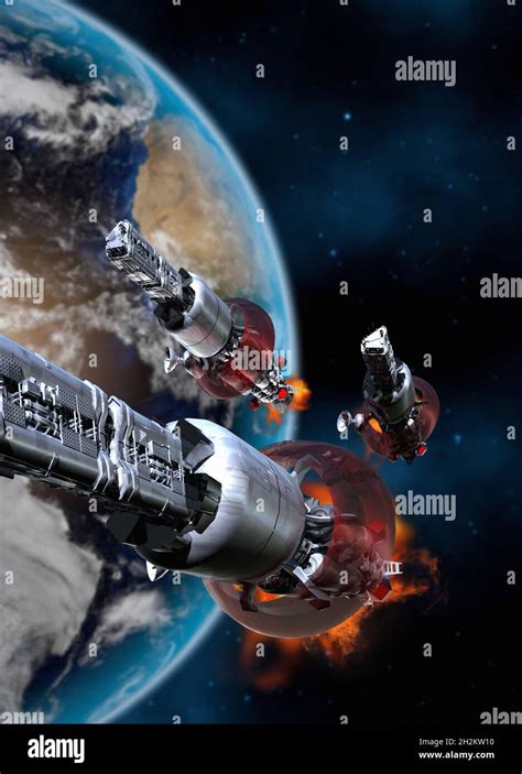 Spaceships using warp drive, conceptual illustration Stock Photo - Alamy