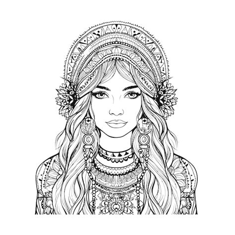 Premium Vector | Boho style hippie only one girl coloring page for adults
