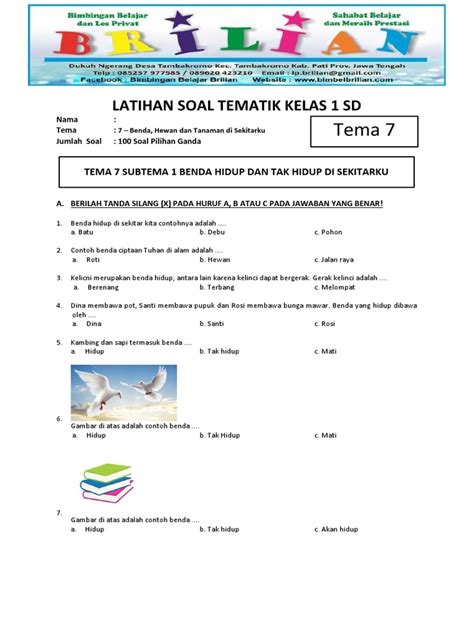 latihan soal pilihan ganda kelas  sd tema  benda hewan  tanaman