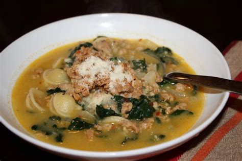 Spicy Chicken Sausage Kale And Orecchiette Soup Basil And Rye