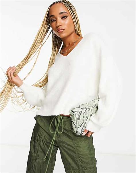 Threadbare Lily V Neck Slouch Jumper In White Asos