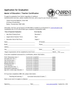 Fillable Online Application For Graduation Cabrini Edu Fax Email