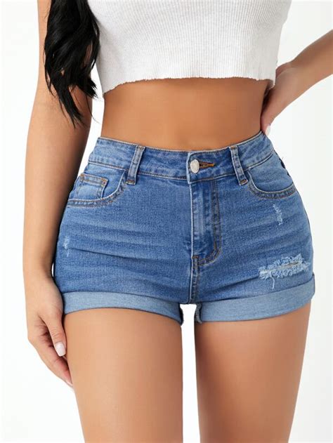 SHEIN PETITE Shorts En Mezclilla De Talle Alto Desgarro Bajo De Doblez