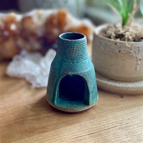 Ceramic Cone Incense Burner Mini Chiminea Teal Turquoise Aqua Glaze Rustic Handmade Ceramics And