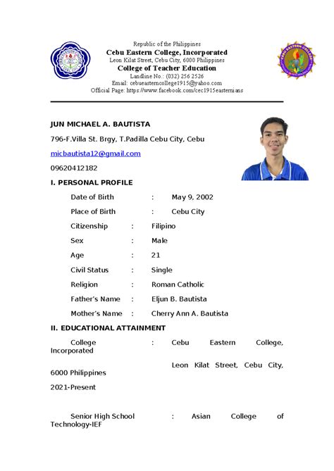 Example-Curriculum-Vitae - Republic of the Philippines Cebu Eastern