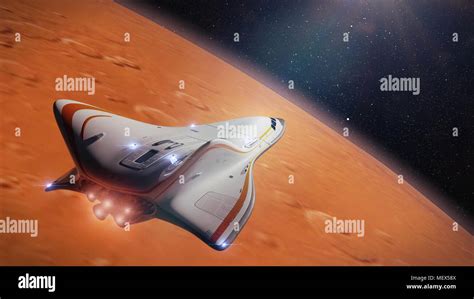 futuristic spaceship in orbit of the planet Mars, shuttle mission to ...