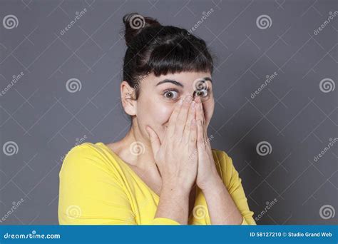 Shy Brunette Smiling And Hiding Herself Stock Photo Image Of Gesture Cute 58127210