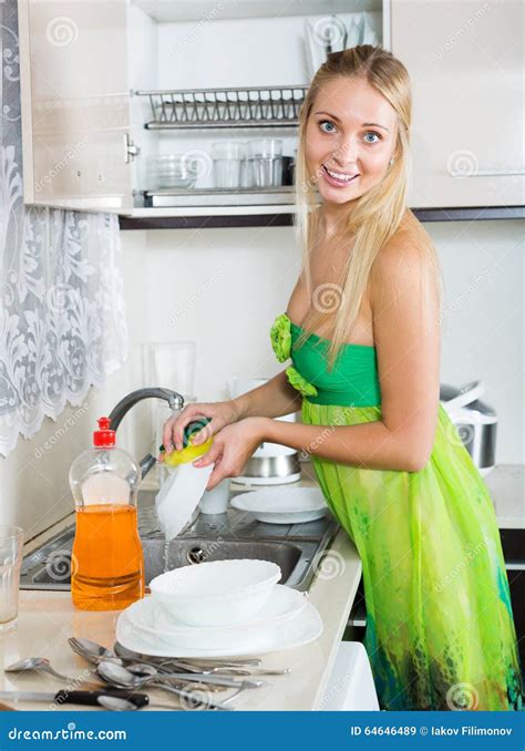 Smiling Blonde Housewife Washing Dishes Stock Image Image Of Domestic