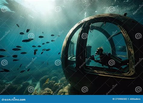 Submersible In Underwater Cave System Surrounded By Towering Rock