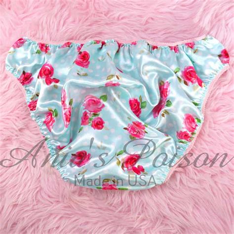 Anias Sissy Satin Full Cut Panties Blue Polka Dot Floral Stiff Satin Mens Bikini Sz XXL Ania