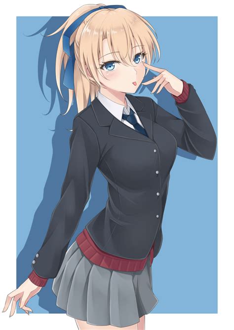 Safebooru 1girl Akanbe Black Jacket Blazer Blonde Hair Blue Background Blue Eyes Blue Necktie