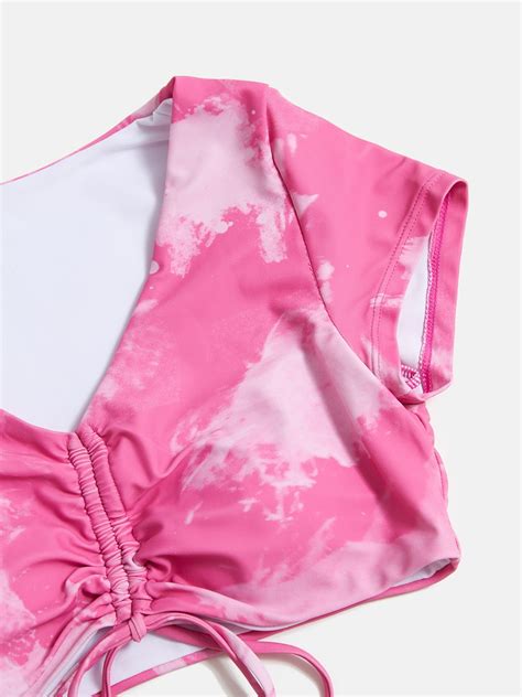 2023 Tie Dye Pleated Short Sleeve Bikini Beetroot Purple M In Bikini Sets Online Store Best For