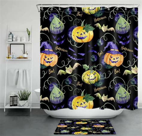 Spooky Shower Set Halloween Pumpkin Bats Curtain And Hooks For A Scary