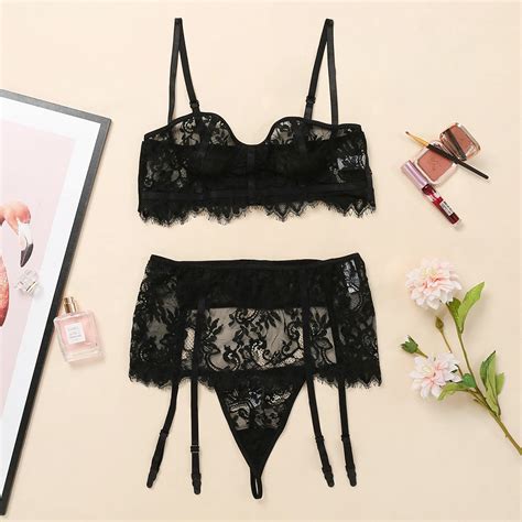 Women Sexy Three Piece Lace Harness Set Lingeries Lady Sexy Set Sex Garter Print Lace Big