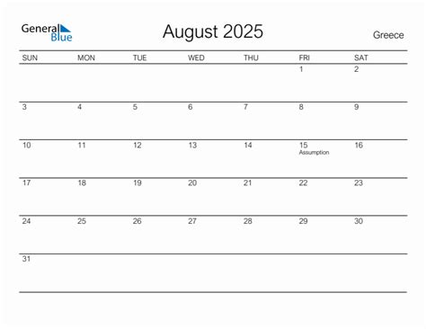 Printable August 2025 Monthly Calendar with Holidays for Greece