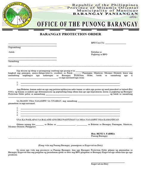 Barangay Protection Orderform Pdf