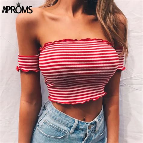 Aproms Short Sleeve Striped Elastic Tank Top Casual Streetwear Off