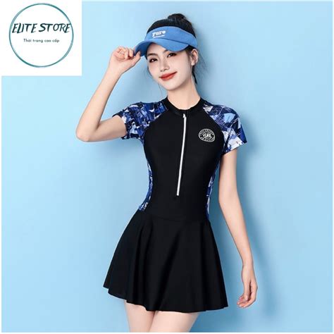 Sẵn Bikini Bộ Đồ bơi nữ áo tắm hai mảnh ngắn tay chất thun lạnh hàn quốc quần liền váy lớp