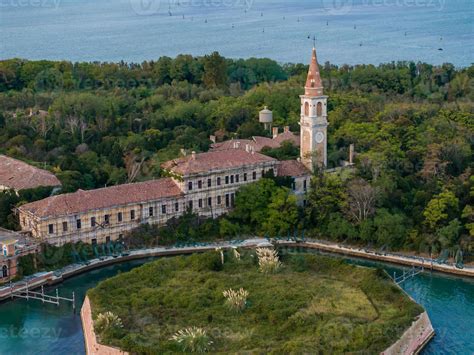 Aerial view of the plagued ghost island of Poveglia in the Venetian