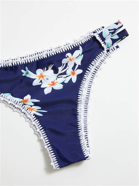 Emmiol Free Shipping Floral Print Stitched Bikini Set Navy Blue S In Bikini Sets Online