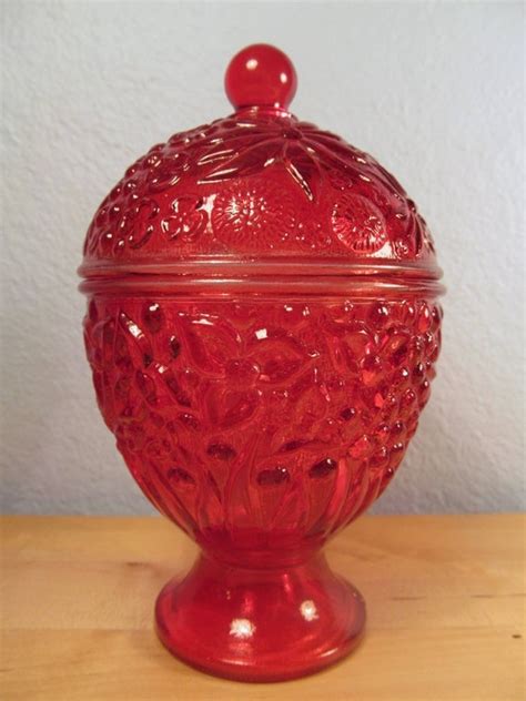 Avon Red Floral Glass Dish With Lid Jewelry Dish Candy