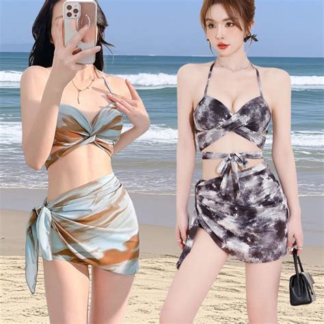 Super Sexy Bikini Set 3 Pieces Set Swimwear Women Chest Gathered Push