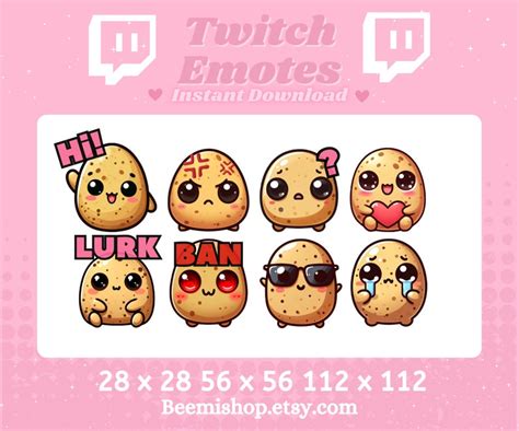 Twitch Discord Emote Potato Emotes Set Pack Cute Happy Sad Coo Lurk