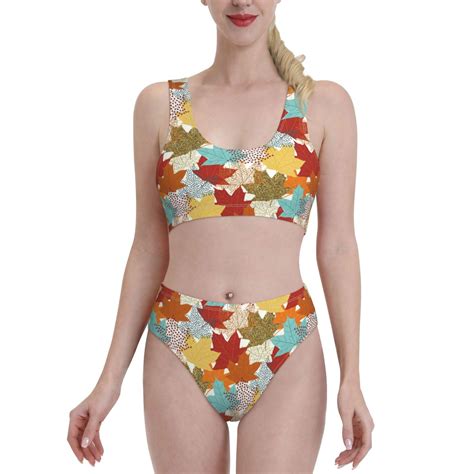 Ocsxa Fall Maple Leaves Womens High Waisted Bikini Sets Sporty Two