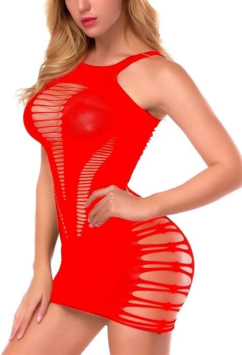 Amazon Fasicat Women S Mesh Lingerie Fishnet Babydoll Mini Dress Free Size Bodysuit Red