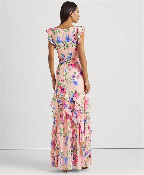 Lauren Ralph Lauren Womens Floral Ruffle Trim Georgette Gown Macys