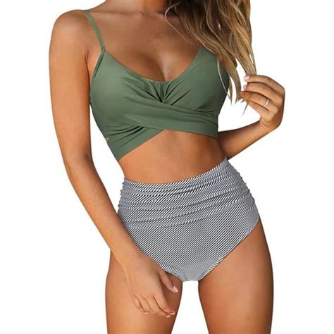 Maillot de bain bikini taille haute push up avec string croisé pour