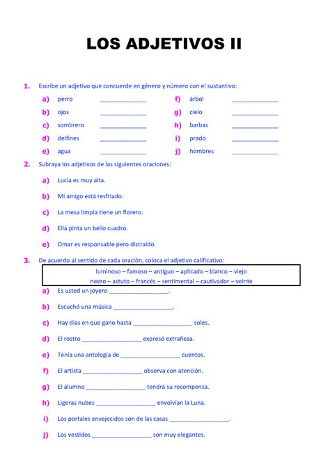 Ejercicios Del Adjetivo Para Sexto Grado De Primaria Escribe Un