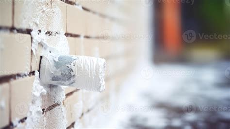Up Close View Of A Longhandled Paint Roller Spreading Thick White